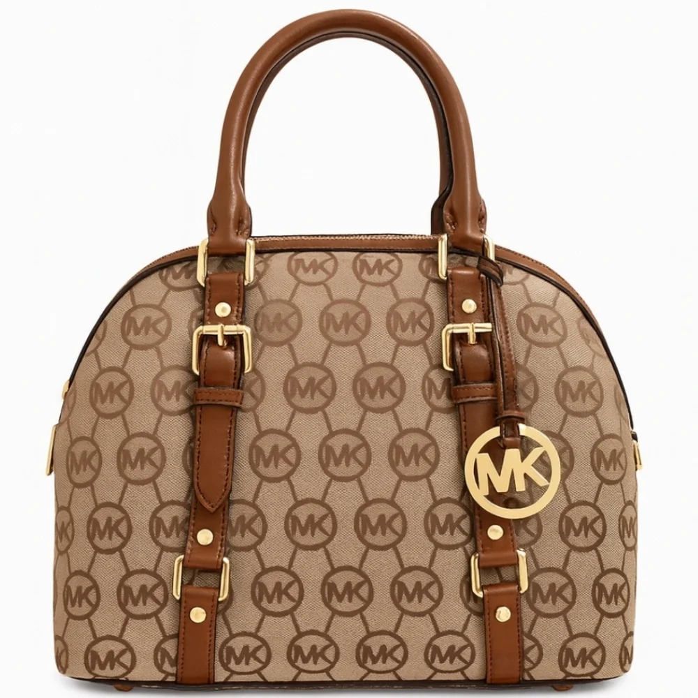 ✨️Michael Michael Kors Brown And Beige Bedford Bowling Monogram Jacquard Satchel